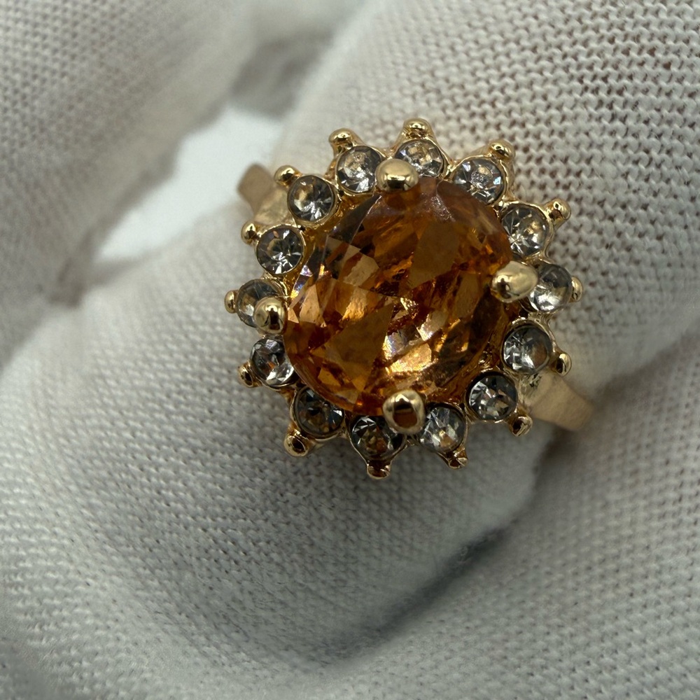 Gold-Tone Amber Halo Ring with Clear Accent Stones - Picture 3 of 9